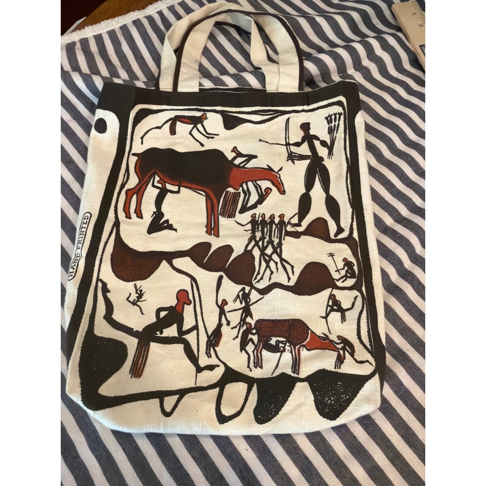 Primitive Tribal Art Canvas Tote Bag Cave Painting Style Cream Brown